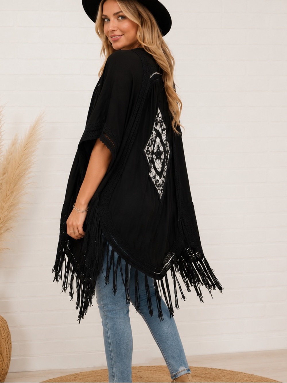 Origami by Vivien Black Fringe Crochet Lace Open Front Kimono Cardigan Free Size